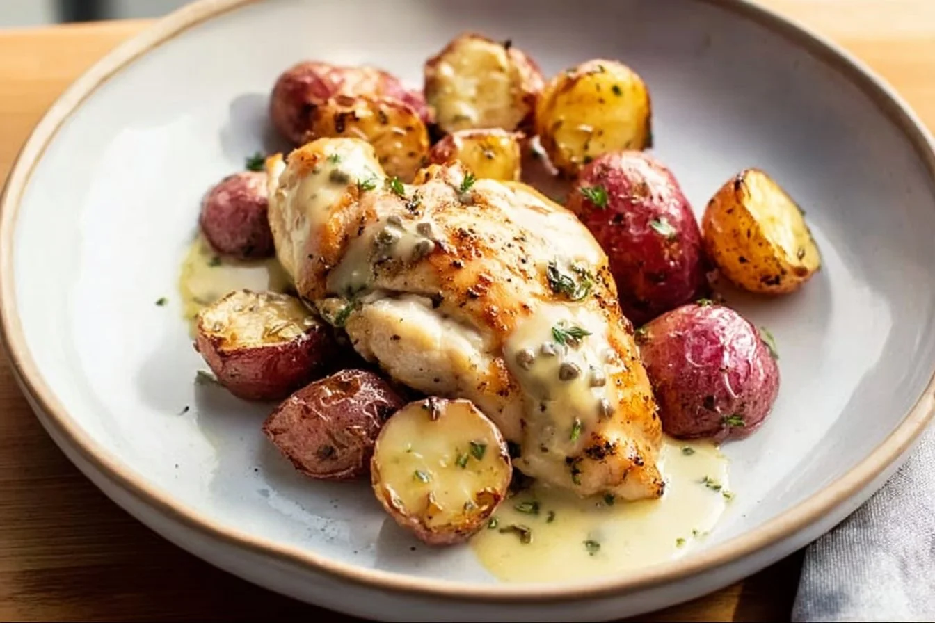Creamy chicken and potatoes dish served in a bowl with herbs.