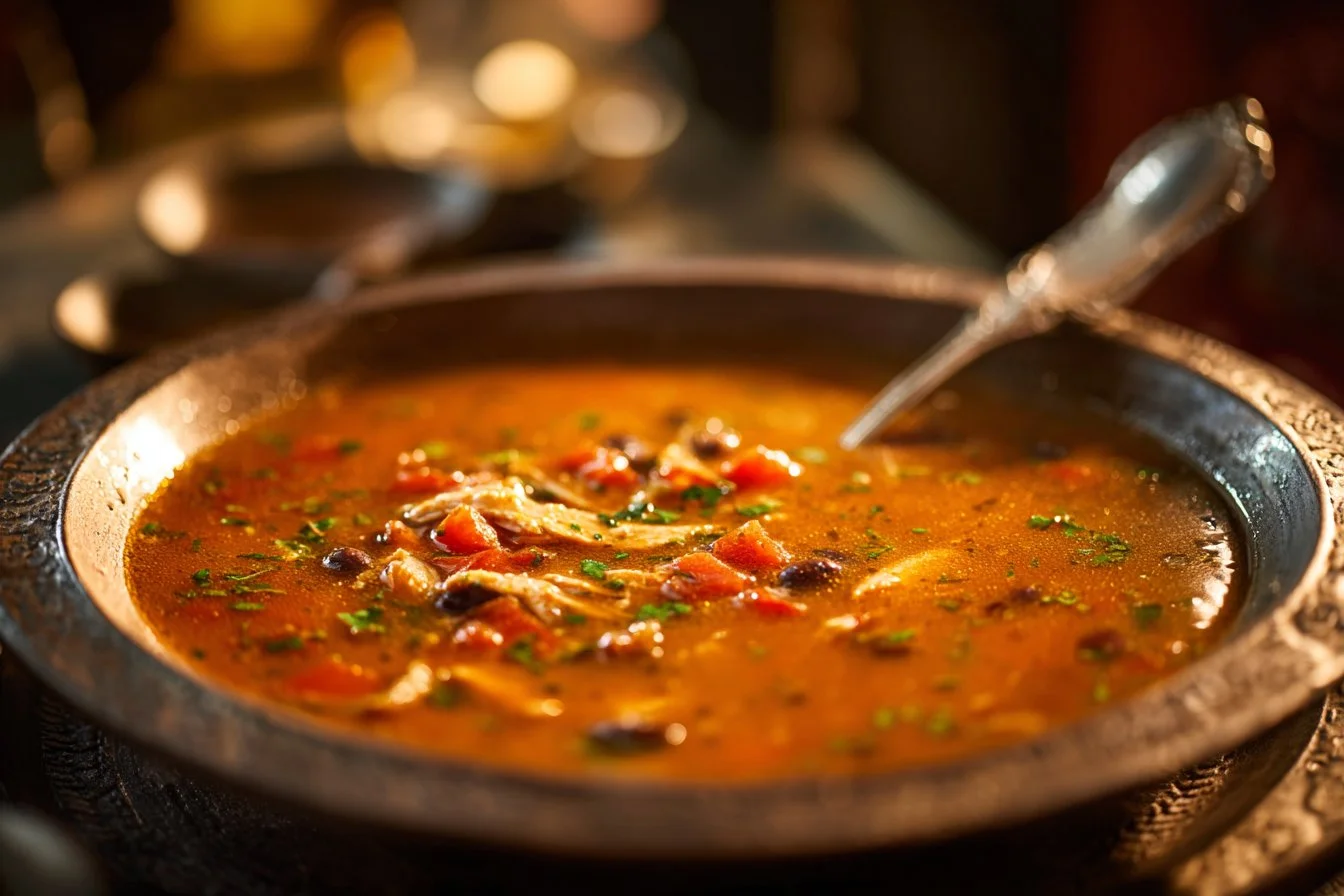 Bowl of creamy chicken tortilla soup garnished with tortilla strips