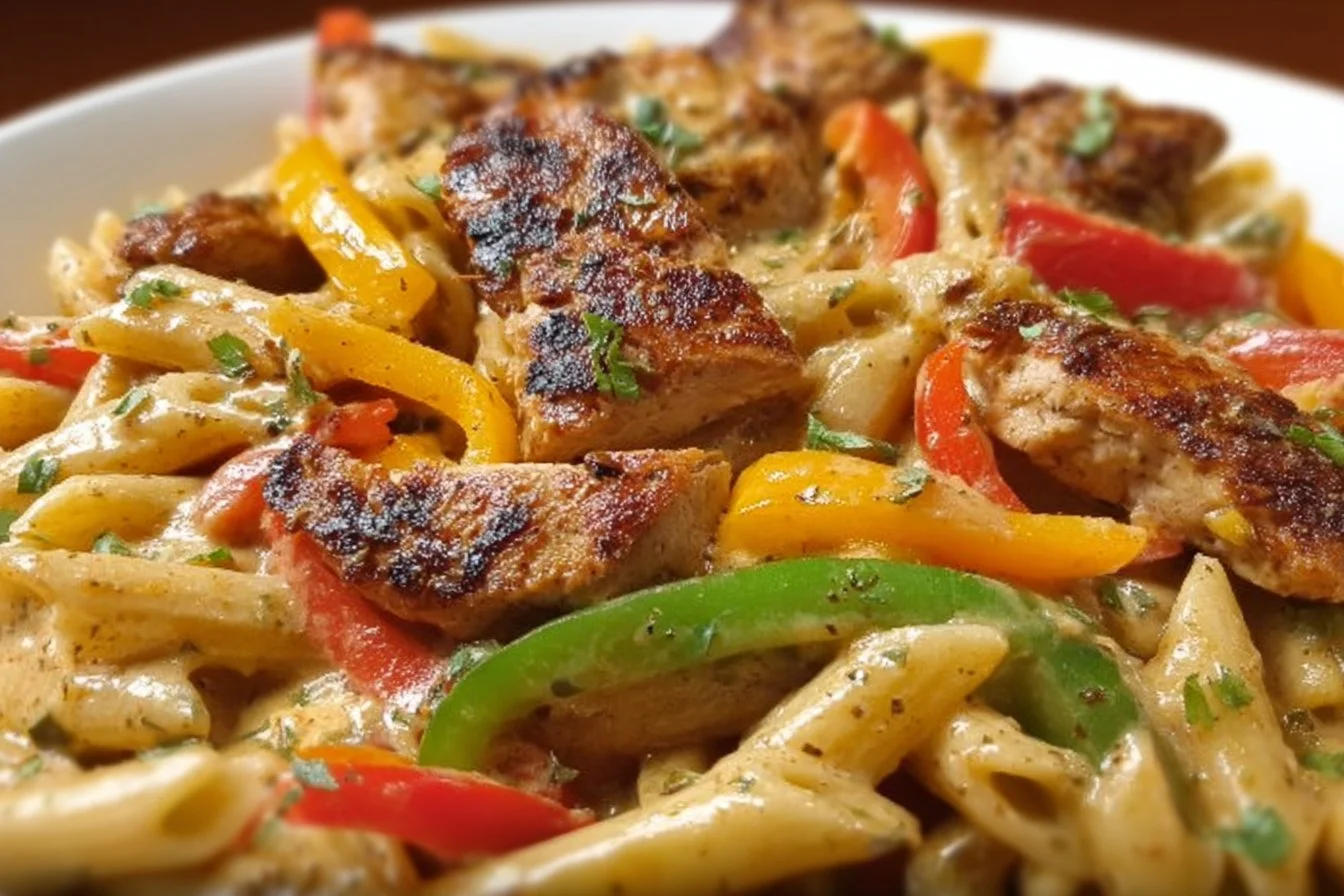 Creamy jerk chicken rasta pasta featuring vibrant colors and bold flavors.