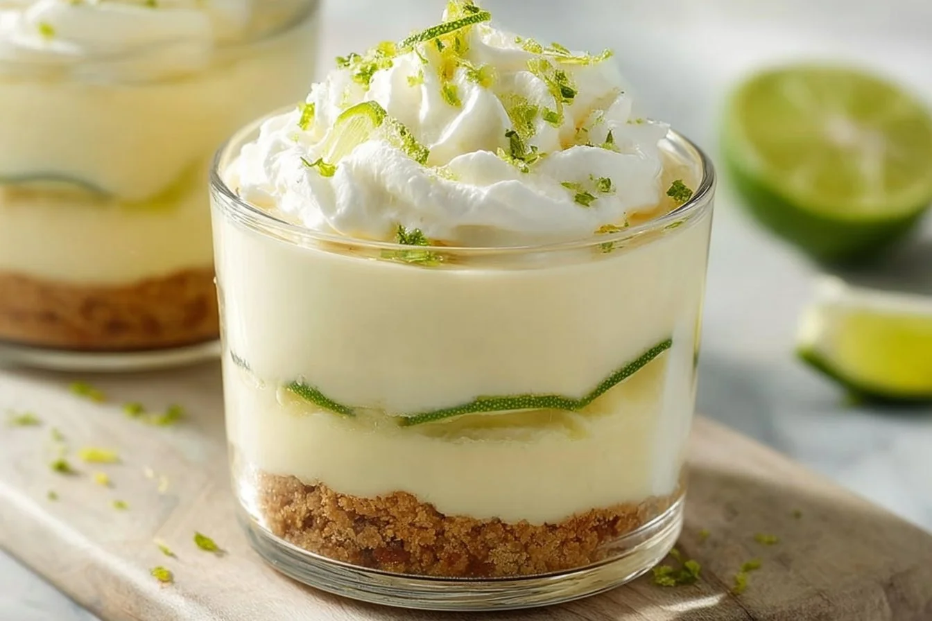 Delicious creamy Key Lime Cheesecake topped with lime zest and whipped cream