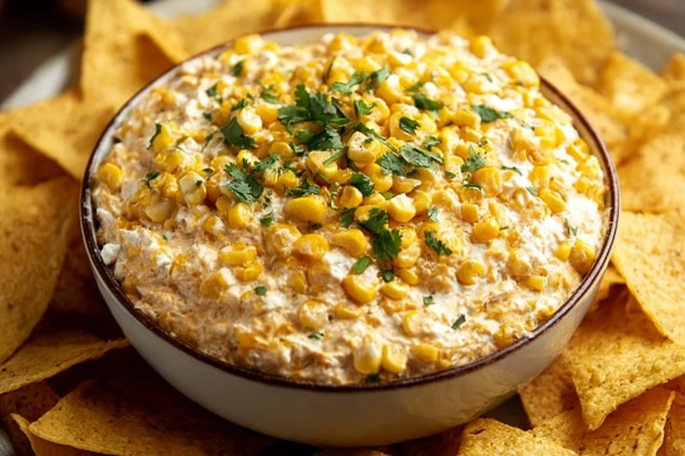 Creamy Mexican Corn Dip served in a bowl with tortilla chips