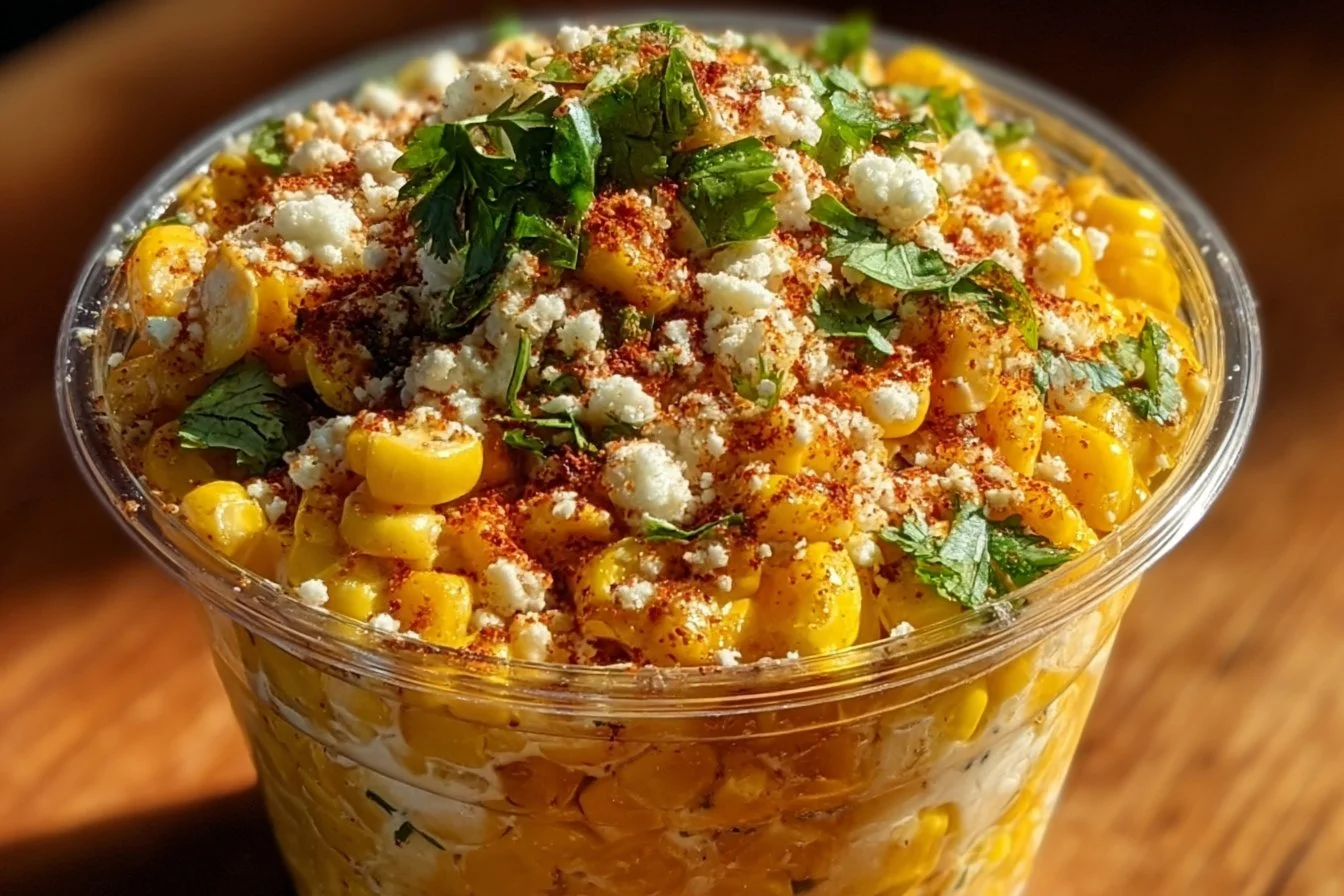 Delicious creamy Mexican street corn cup garnished with cheese and herbs