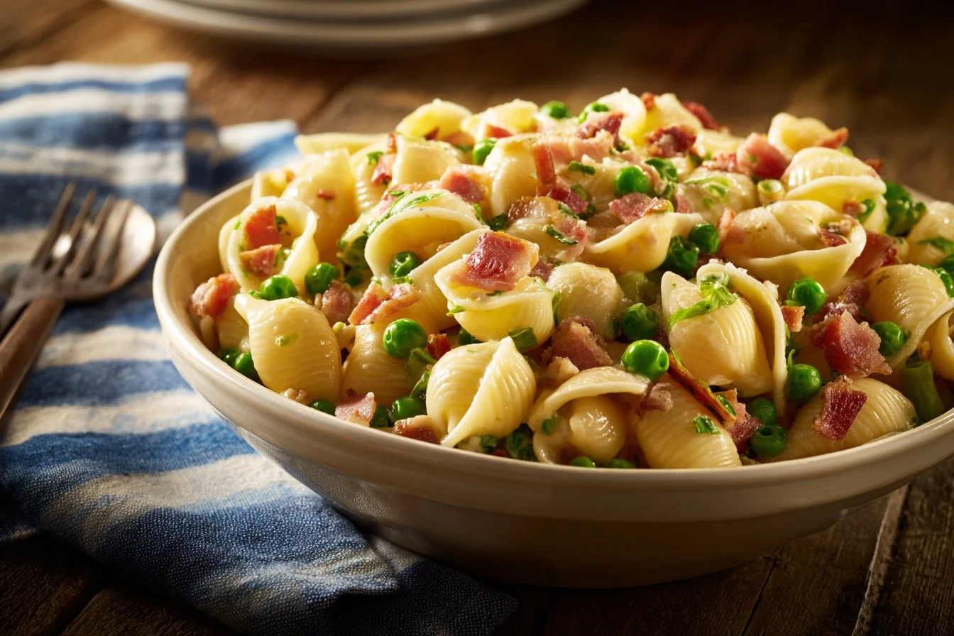 Creamy pasta salad with vegetables and dressing in a bowl