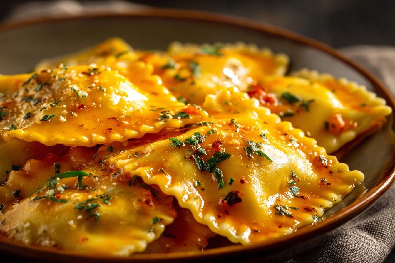 Creamy ravioli sauce served with fresh ravioli and herbs