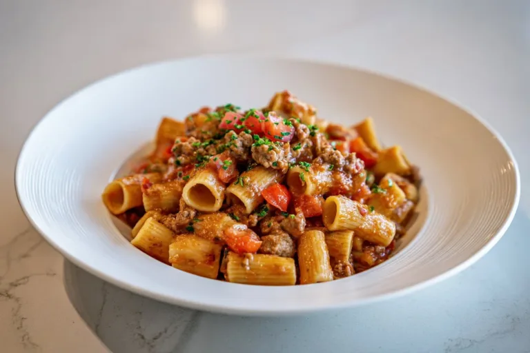Creamy sausage pasta dish with fresh herbs and cheese