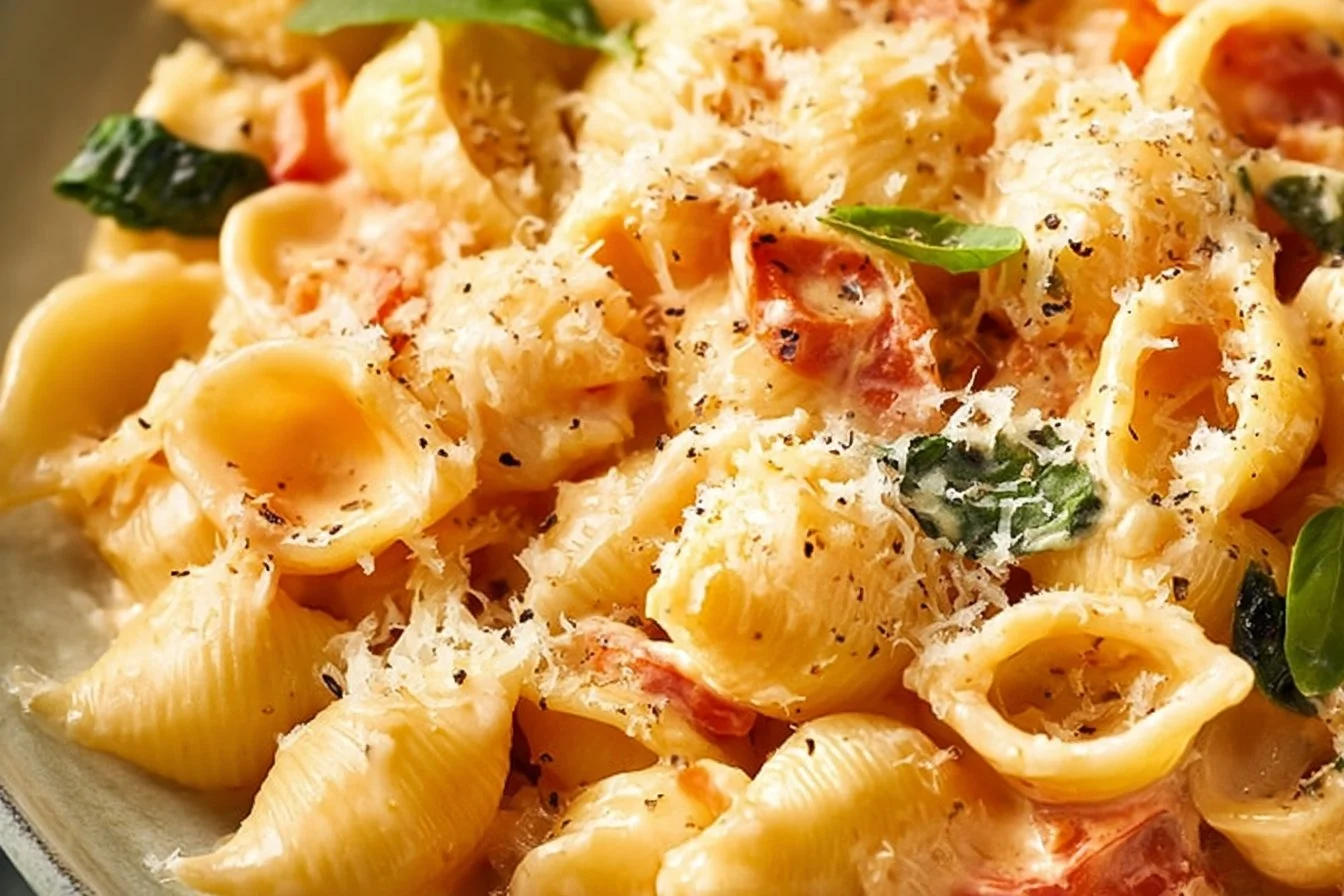 Delicious creamy tomato basil pasta with fresh basil and tomatoes