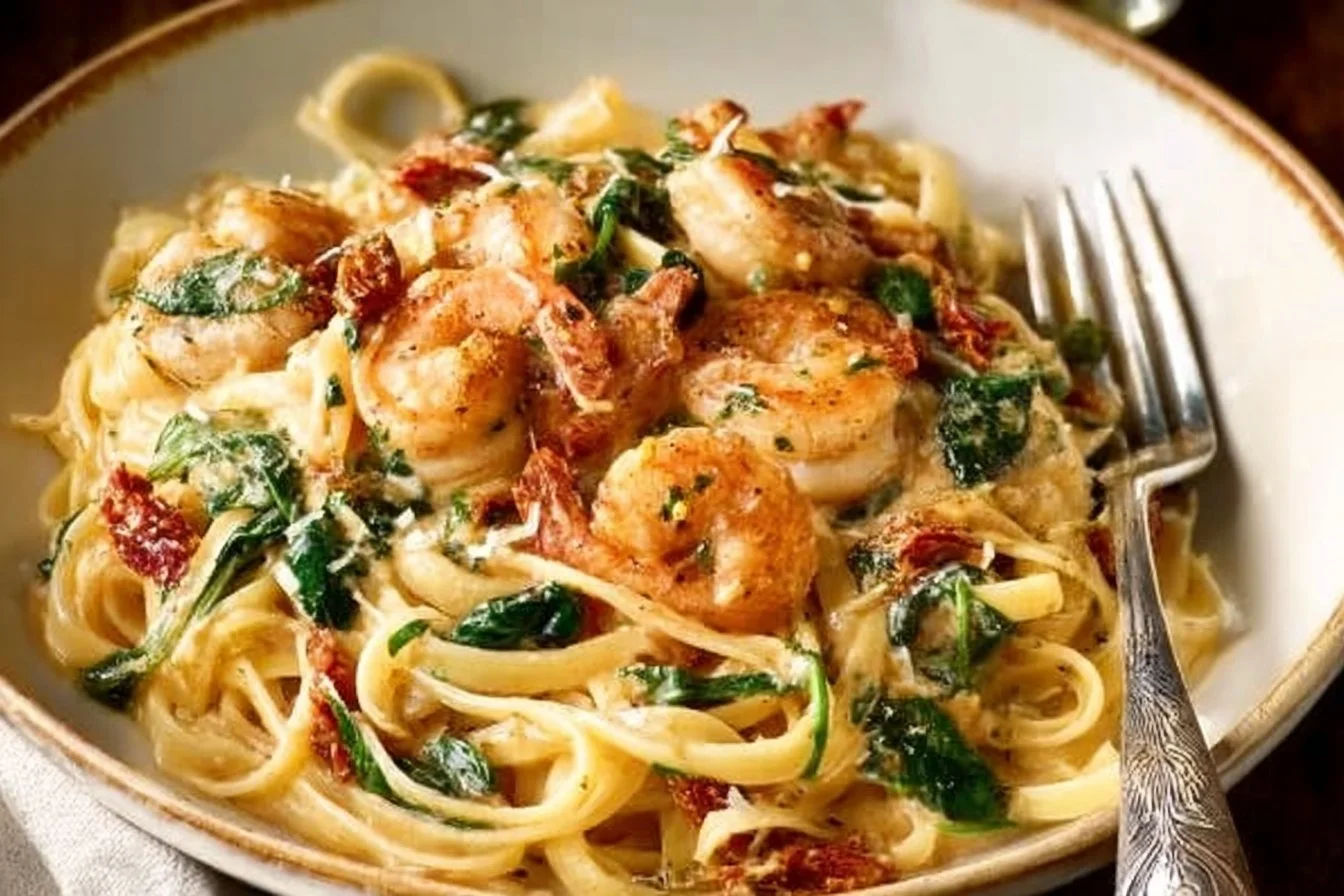 Creamy Tuscan Shrimp Linguine with fresh shrimp and a rich sauce