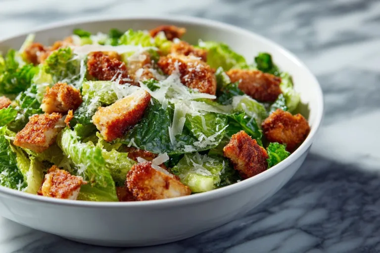 Crispy Chicken Caesar Salad with romaine lettuce, croutons, and dressing