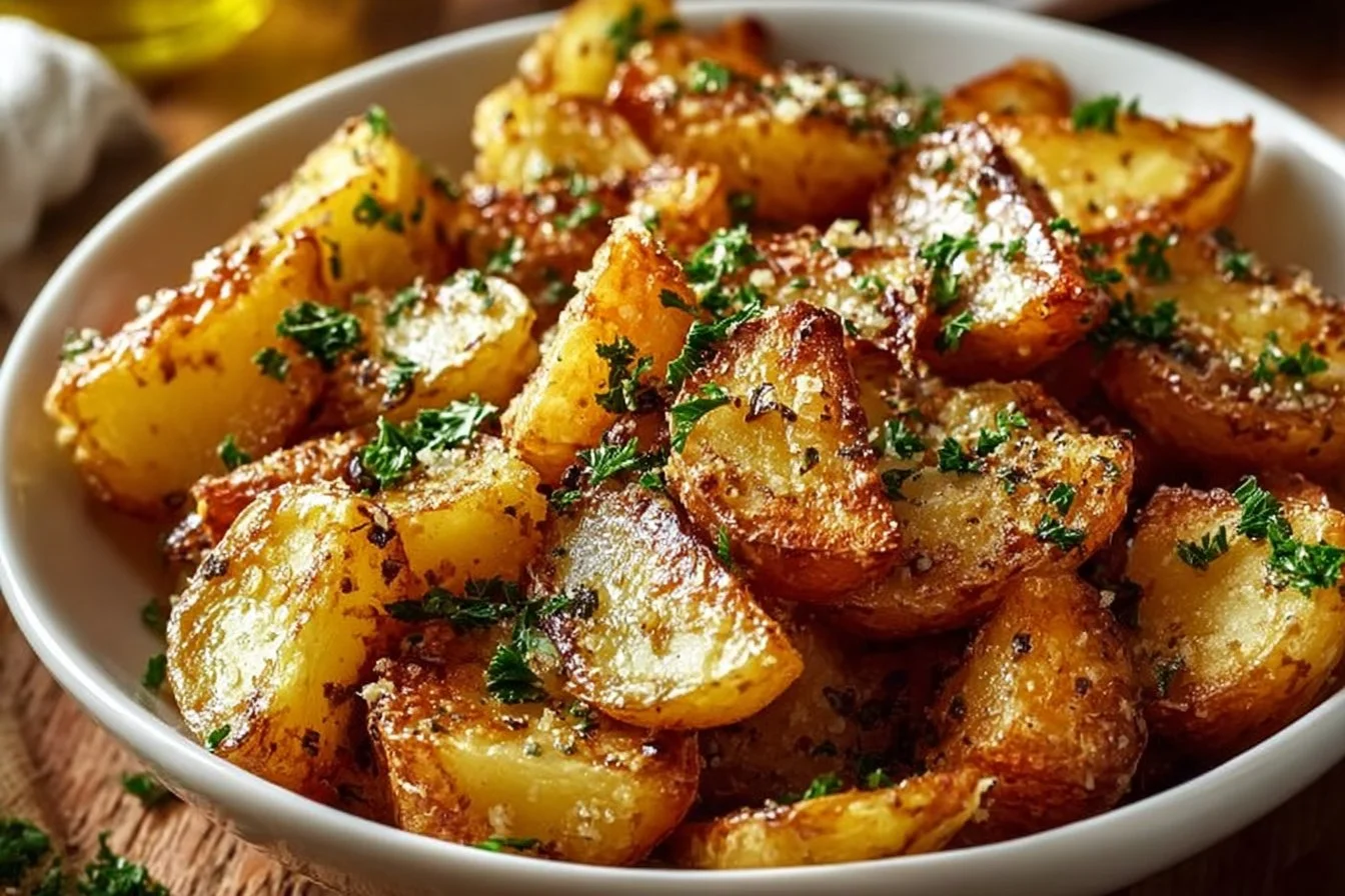 Crispy Lemon Greek Potatoes garnished with herbs and lemon slices