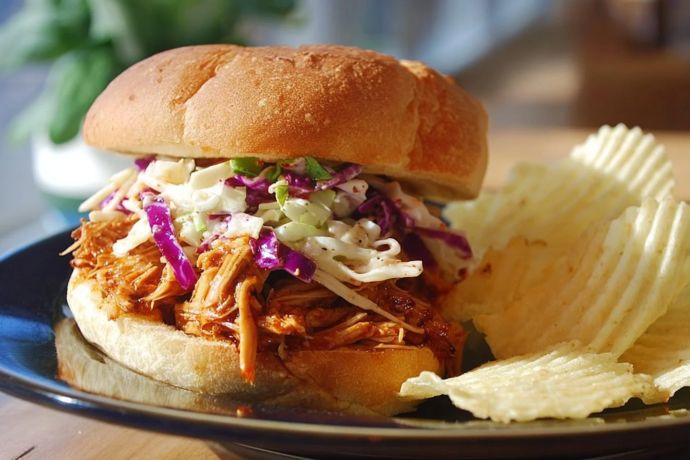 Crock Pot pineapple chicken sandwiches topped with fresh ingredients
