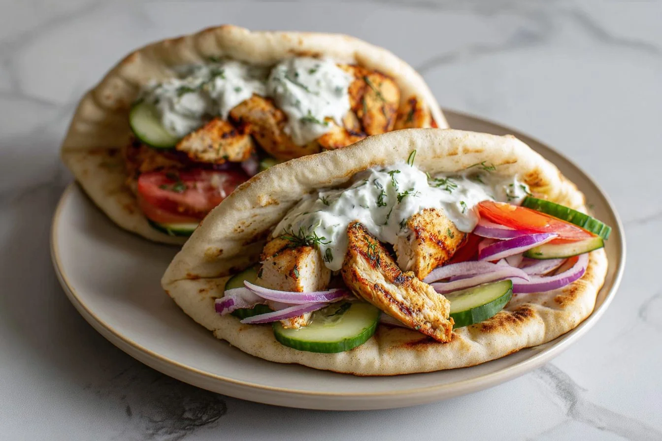 Crockpot Greek Chicken Pitas served with fresh Tzatziki sauce
