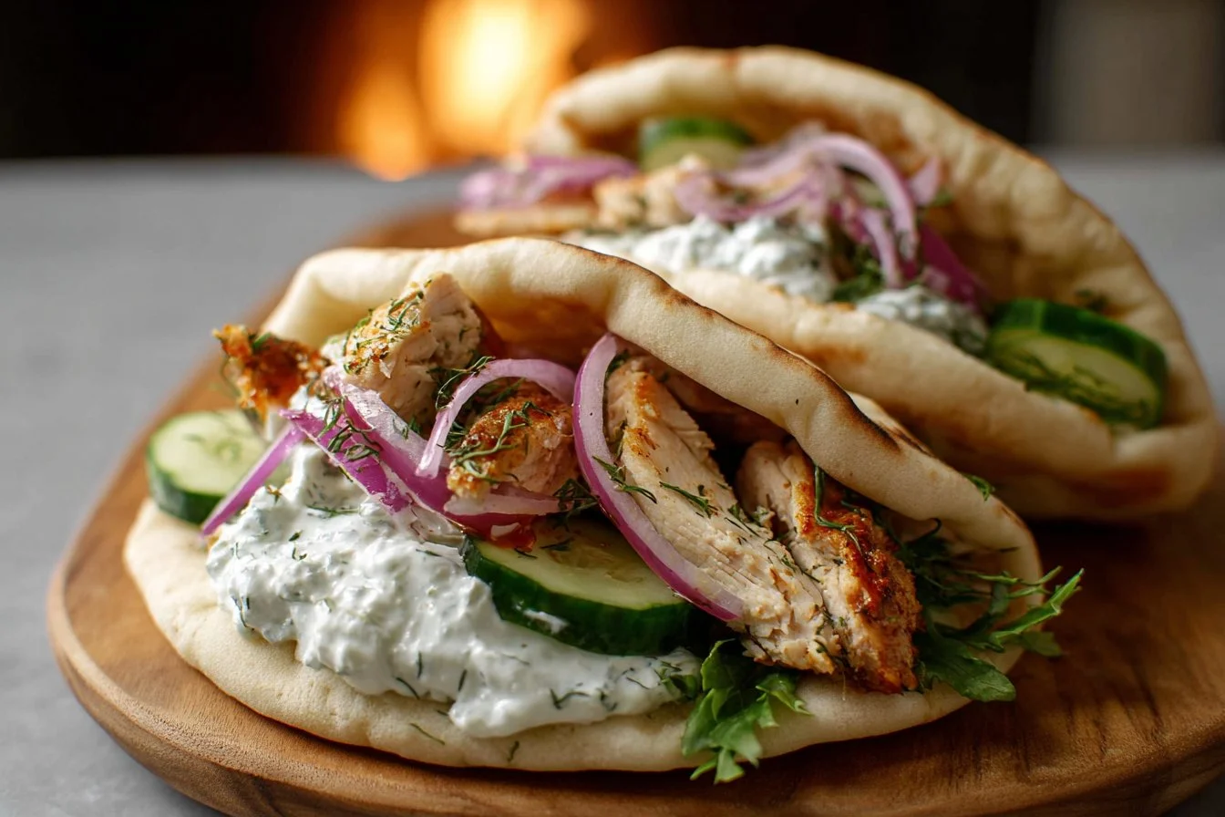 Crockpot Greek Chicken Pitas with Tzatziki