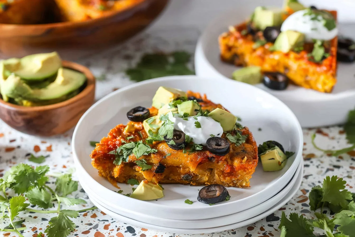 Delicious crustless taco pie served in a colorful dish with toppings