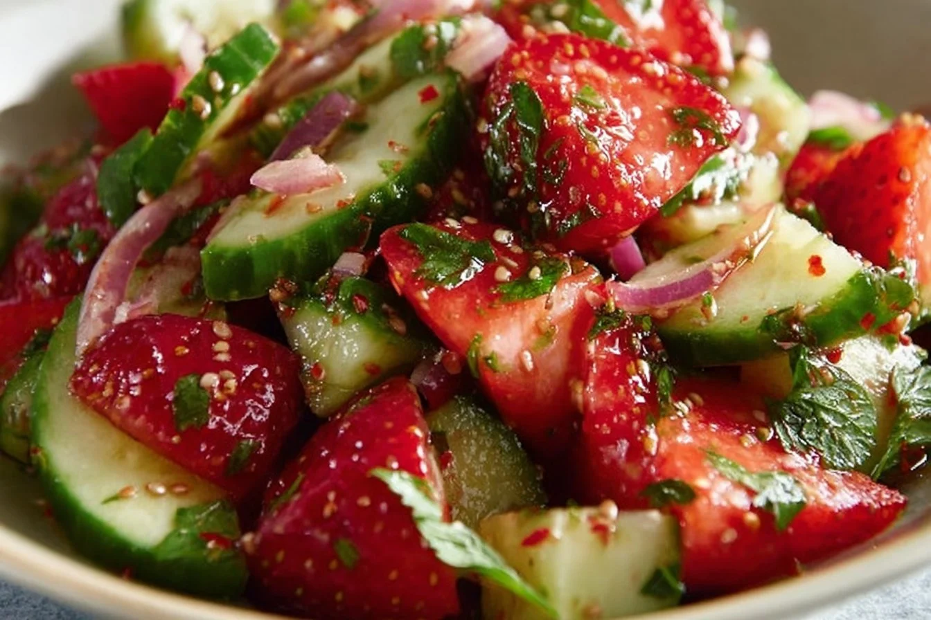 Cucumber Strawberry Salad with fresh cucumbers and strawberries in a bowl