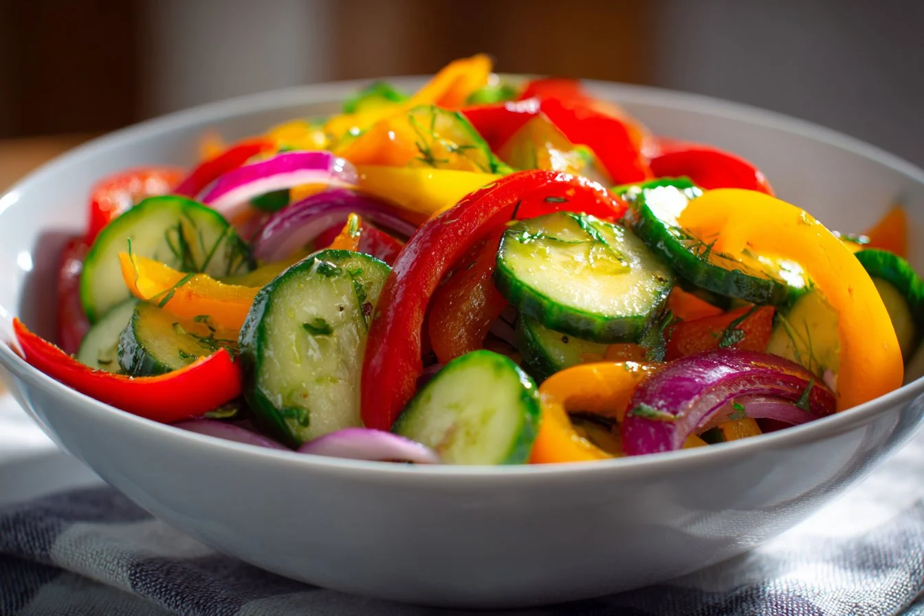 Bowl of colorful Cucumber Sweet Pepper Salad with fresh veggies and dressing