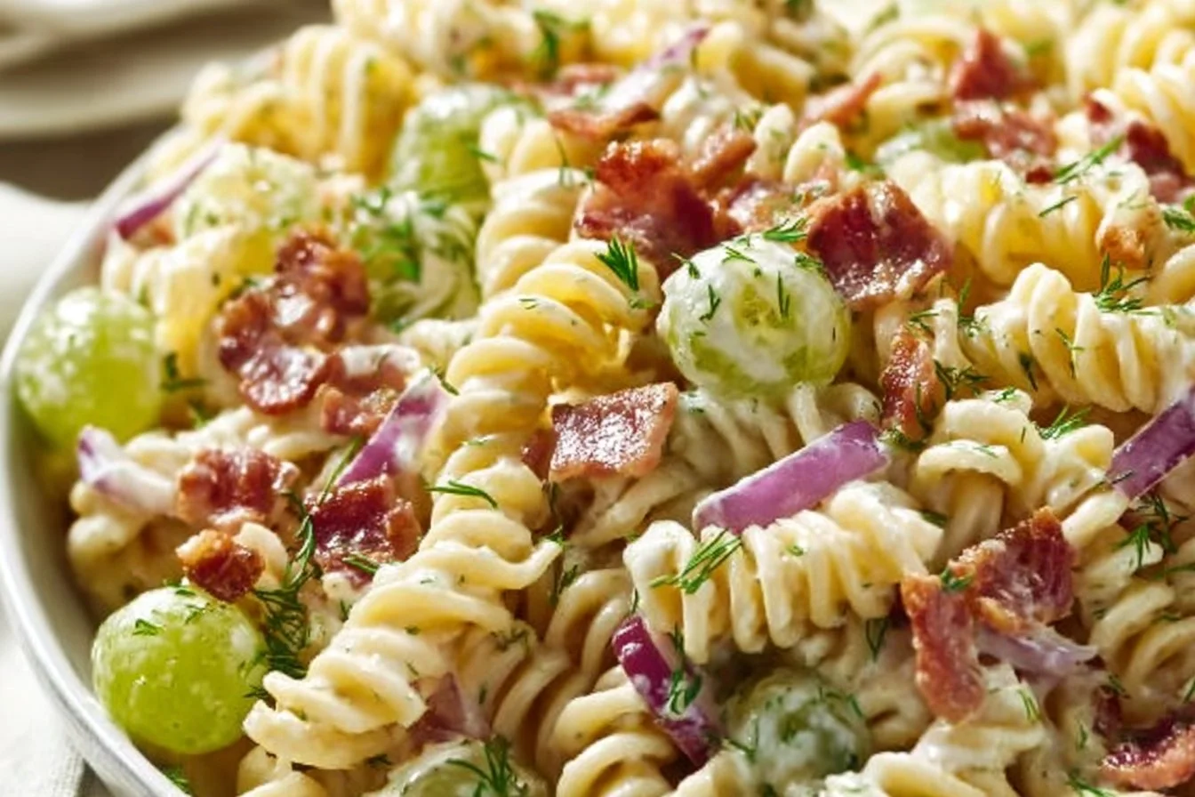Dill Pickle Bacon Pasta Salad with fresh ingredients and crispy bacon