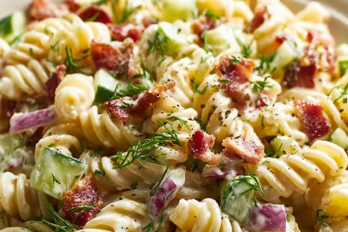 Delicious Dill Pickle Bacon Pasta Salad served in a bowl