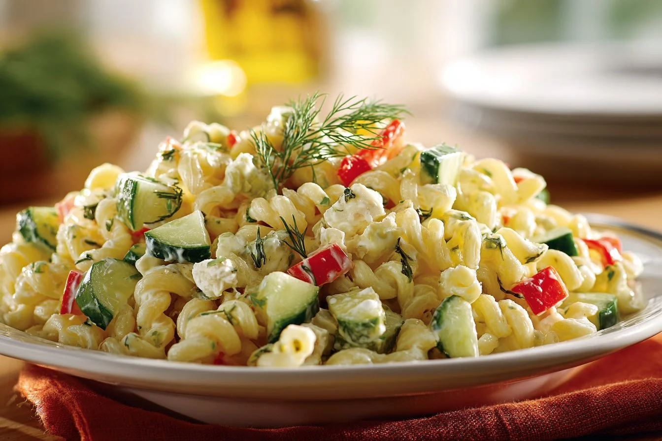 Delicious Dill Pickle Pasta Salad in a bowl with fresh ingredients