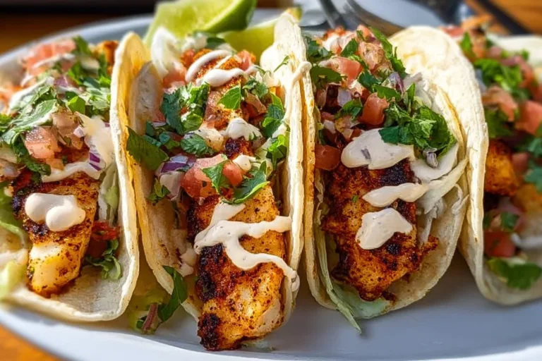 Delicious Easy Baja Fish Tacos topped with fresh ingredients