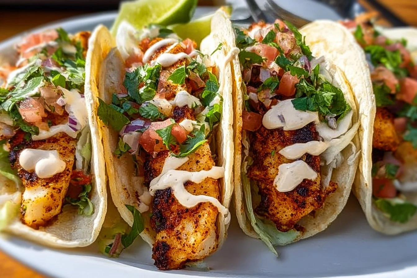 Delicious Easy Baja Fish Tacos topped with fresh ingredients