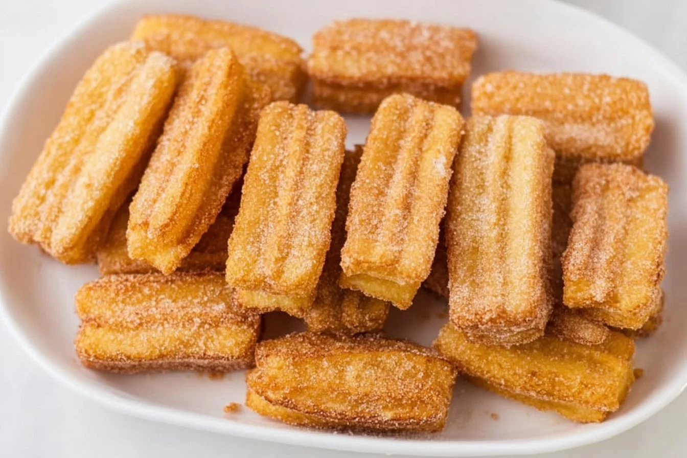 Delicious homemade churros dusted with cinnamon sugar on a plate.