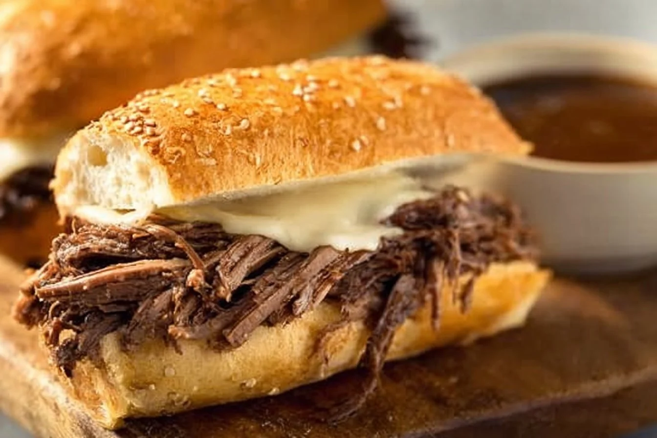 Easy Crock Pot French Dip sandwich with au jus on a rustic plate