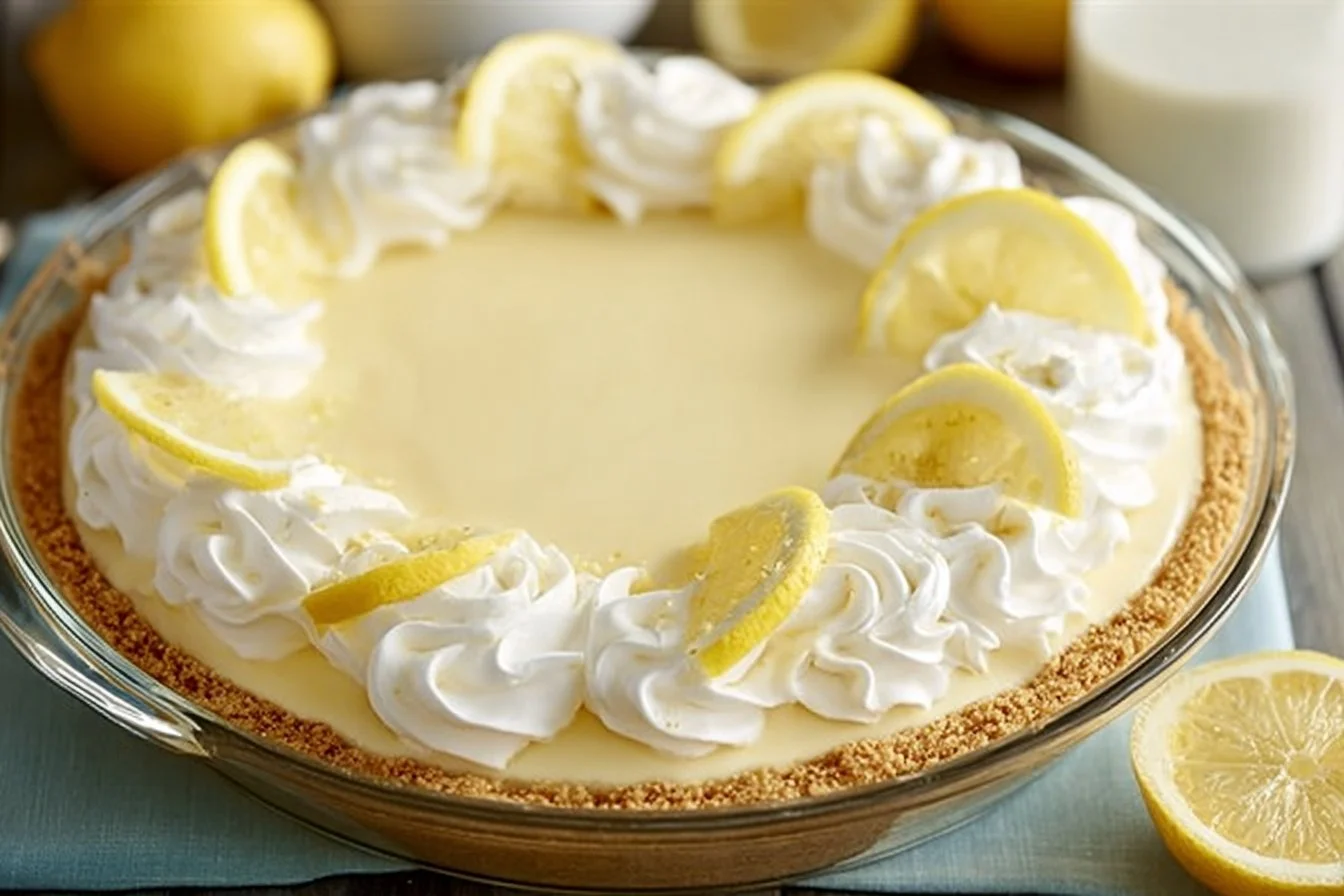 Slice of easy lemon cream pie with whipped cream topping on a plate
