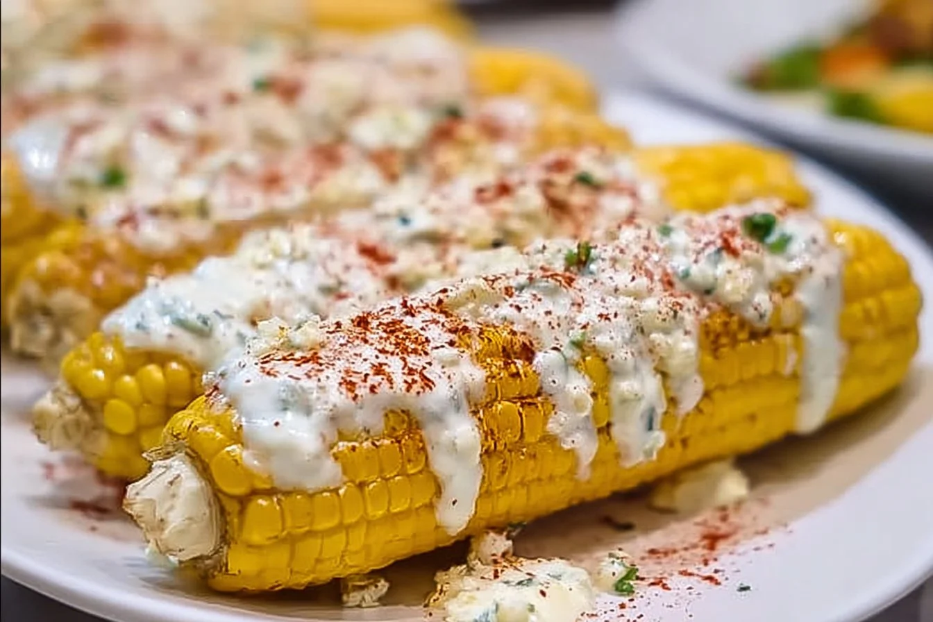 Delicious Mexican street corn on the cob garnished with cheese and spices