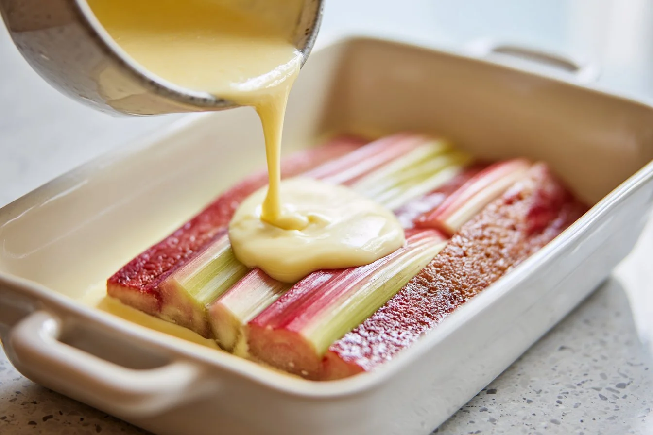 Slice of easy rhubarb custard pie on a plate with rhubarb stalks