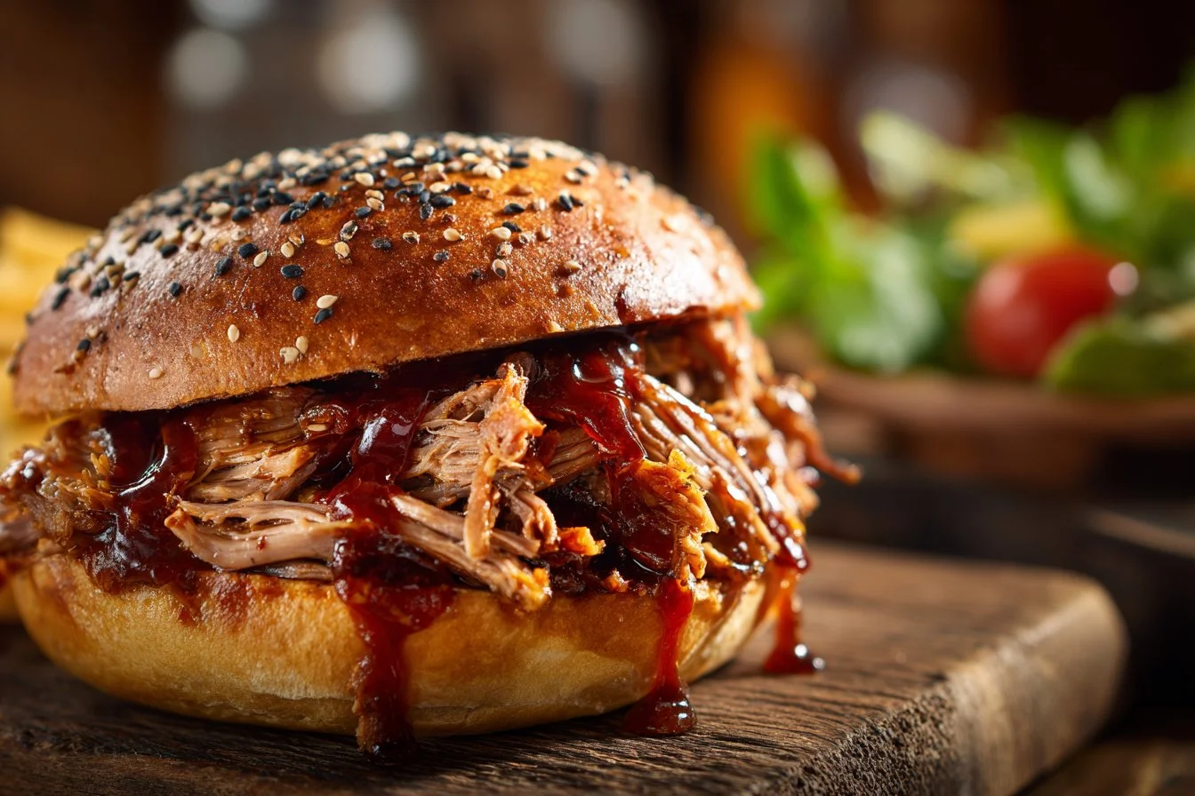 Slow cooker BBQ pulled pork served on a bun with coleslaw