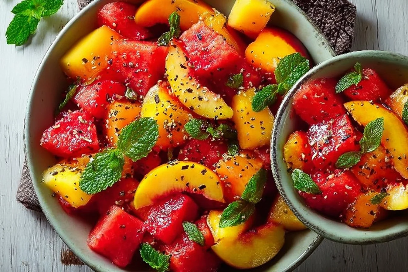 Refreshing summer peach watermelon salad with vibrant fruits