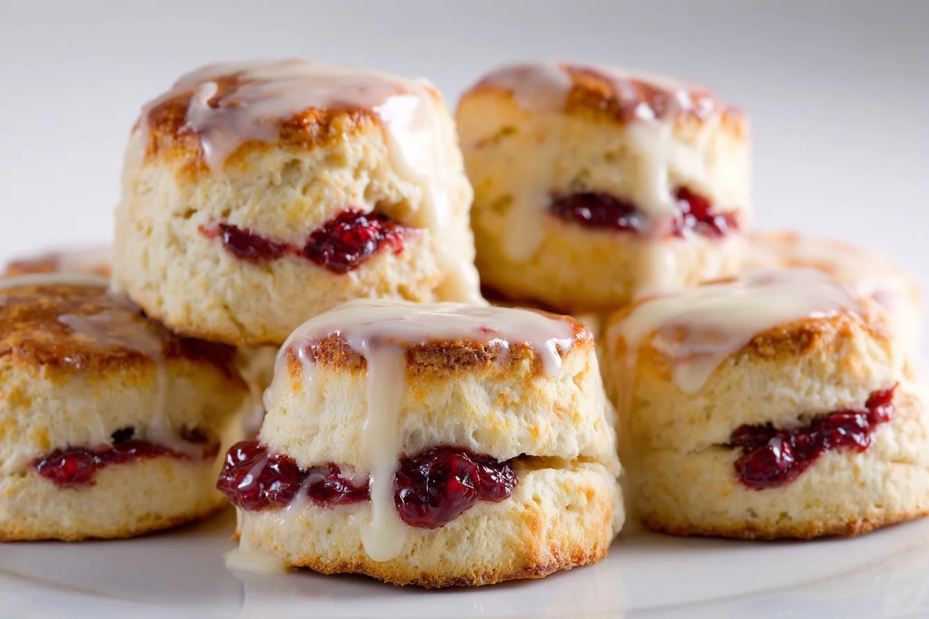 Freshly baked flaky raspberry scones on a rustic table