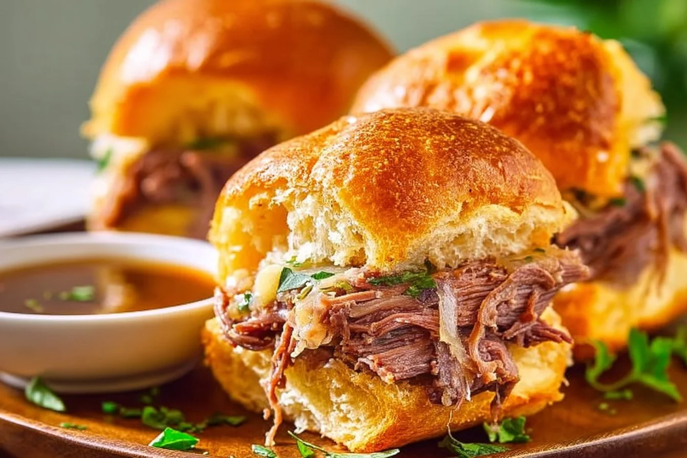 Succulent French Dip Sliders served with savory dipping sauce on a platter