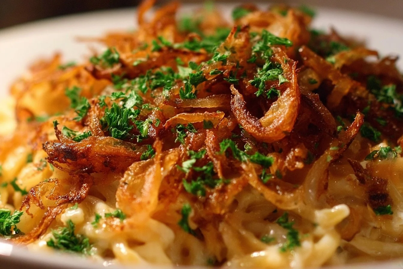 Baked French Onion Chicken Orzo Casserole garnished with cheese and herbs