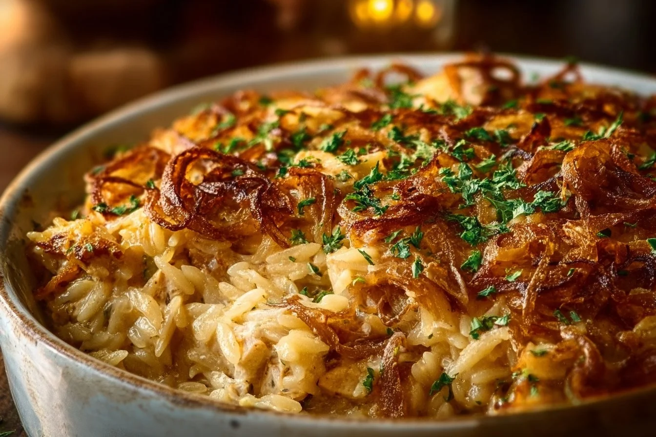 French Onion Chicken Orzo Casserole