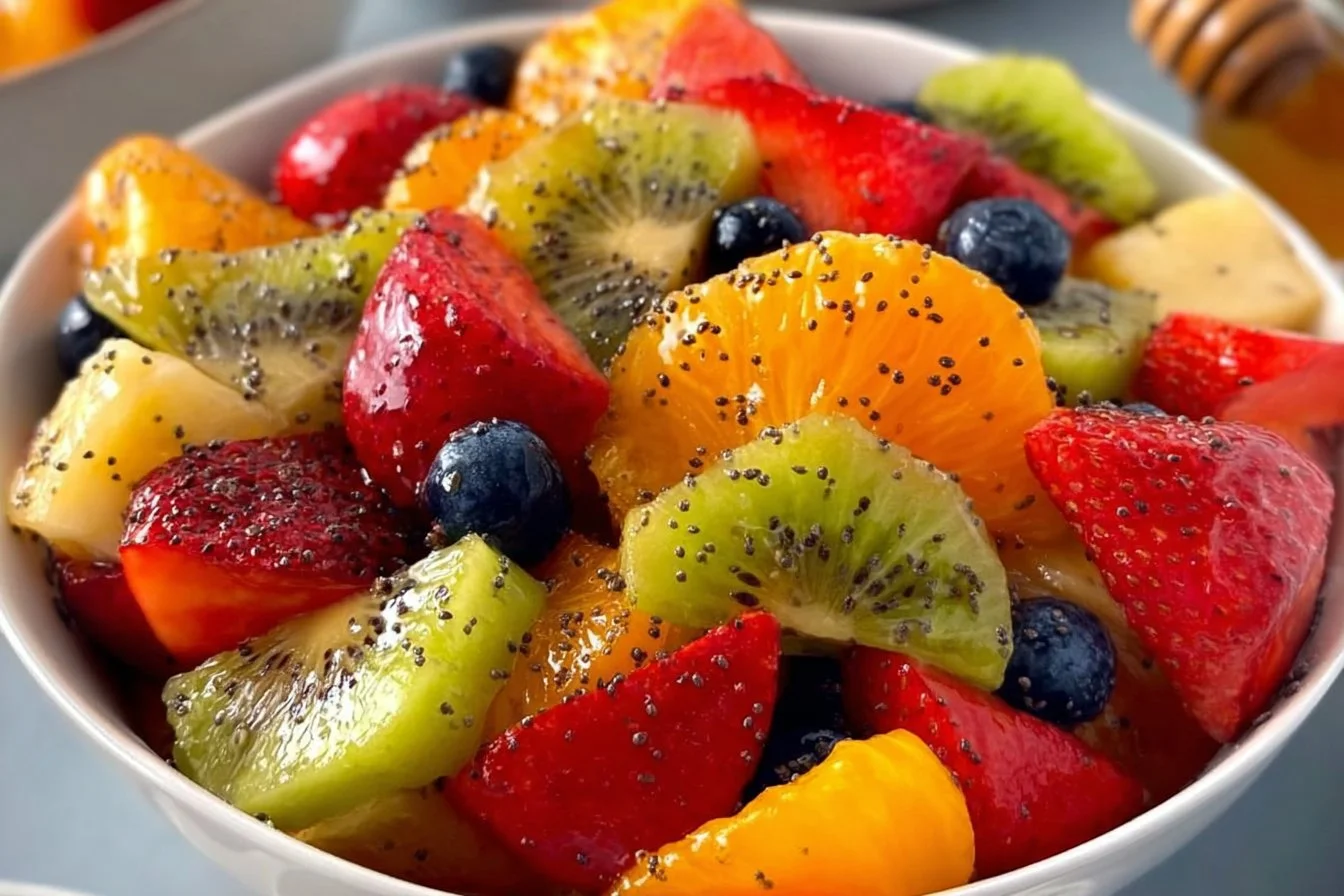 Fresh fruit salad made with seasonal fruits and colorful ingredients.