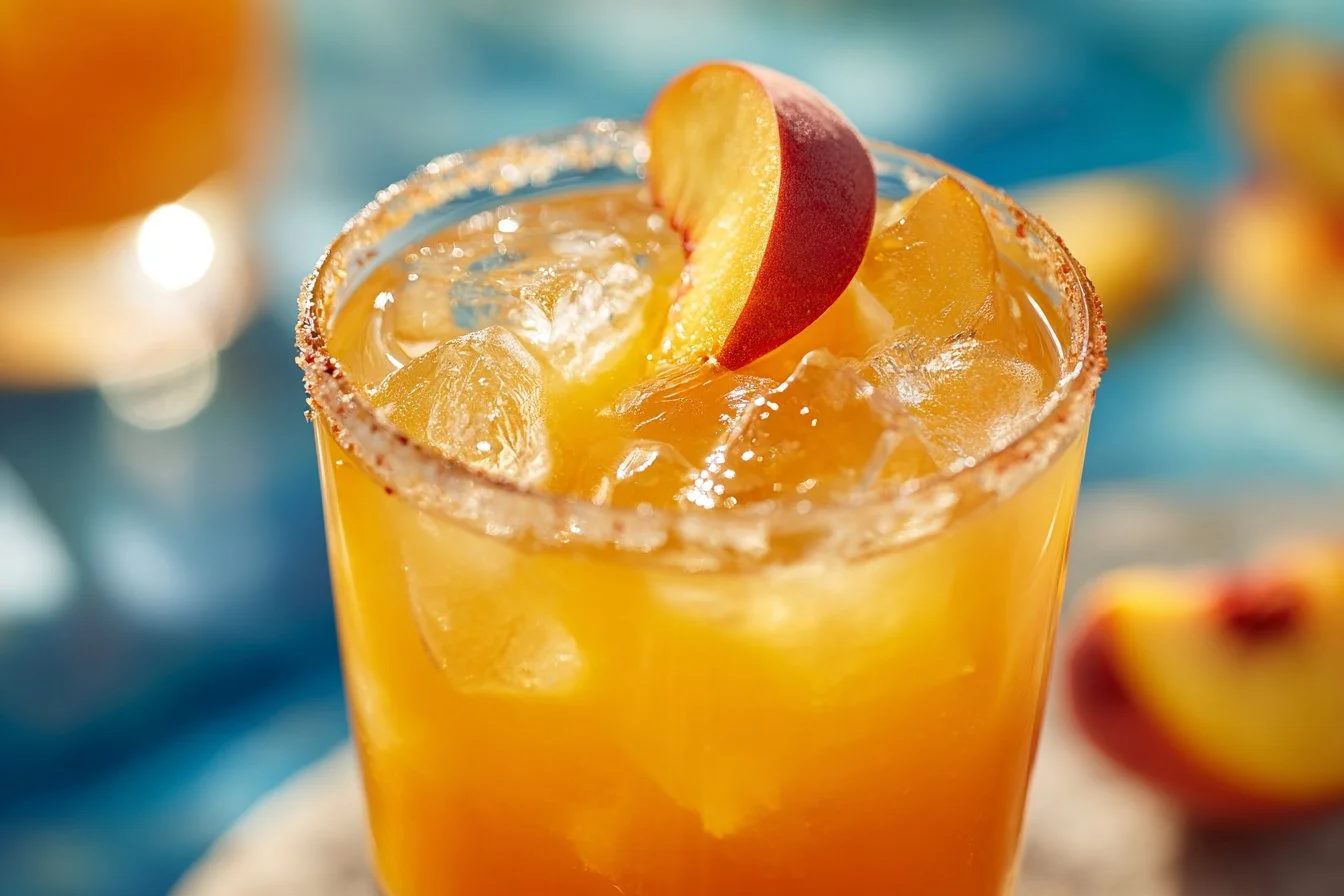Delicious fresh peach margaritas served in a glass with a slice of peach.