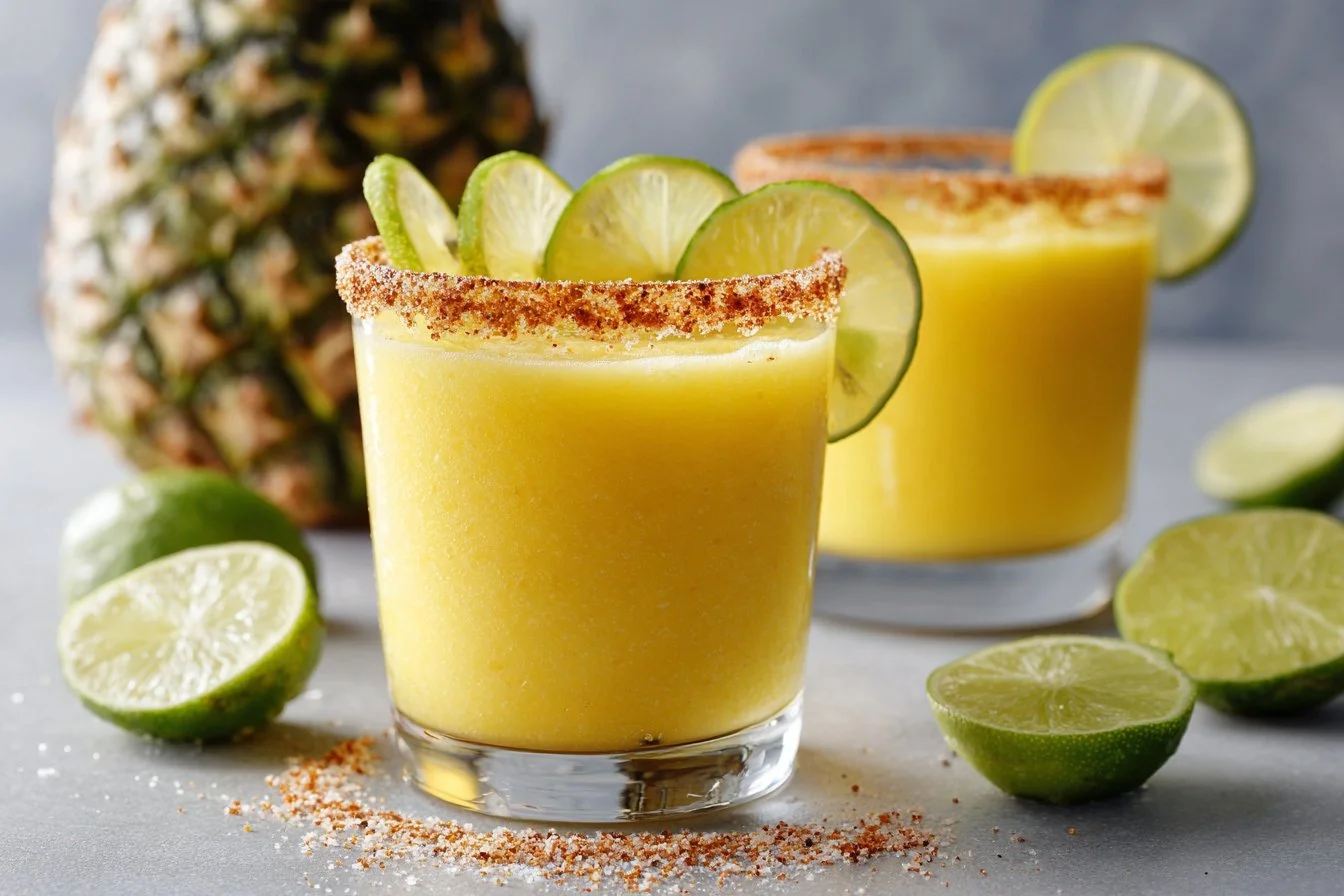 Refreshing frozen pineapple margaritas served in glasses with lime wedges