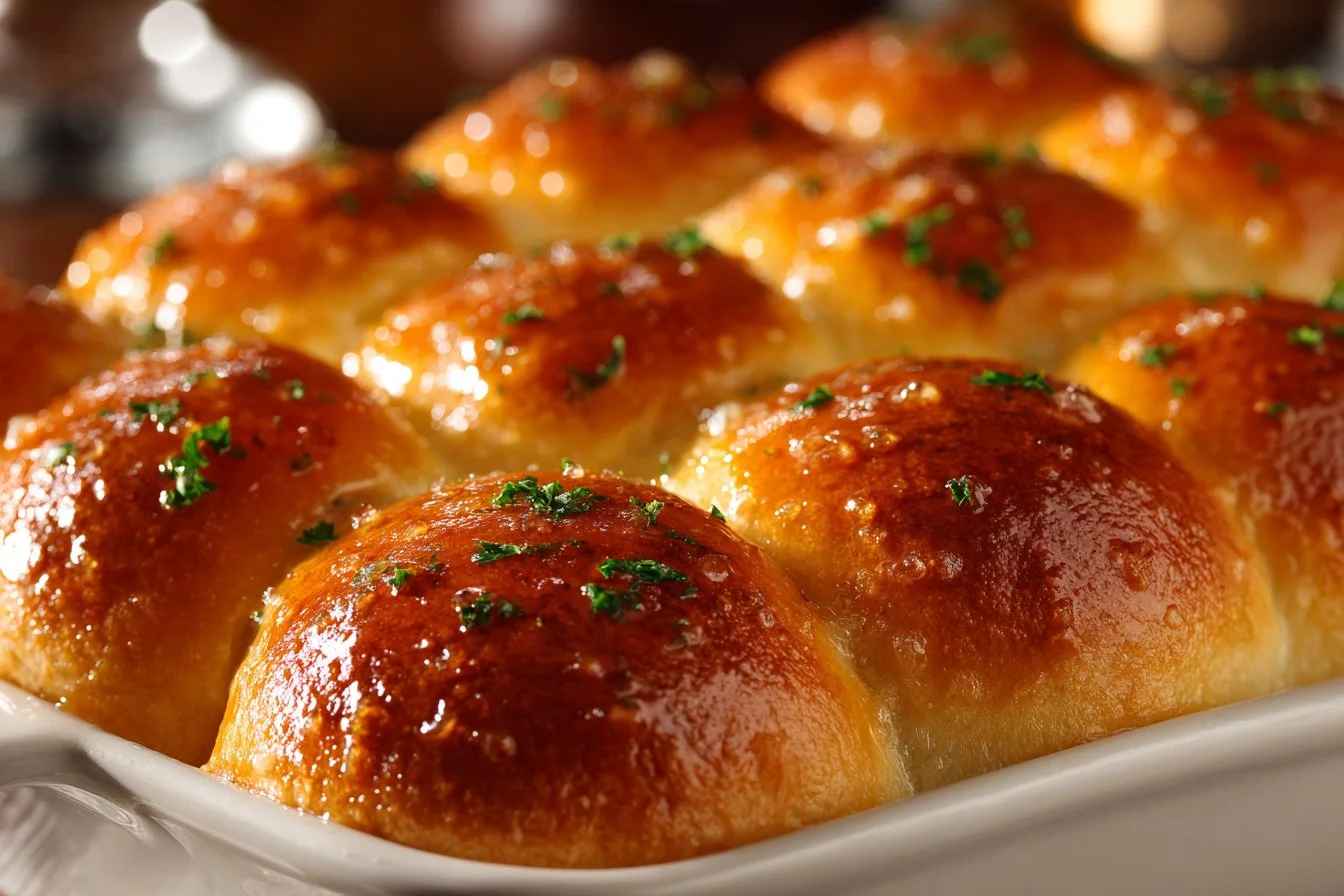 Freshly baked garlic bread rolls served with herbs and butter