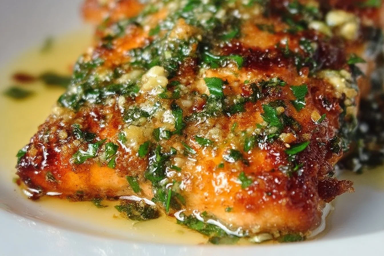 Garlic Parmesan Chicken Skewers grilled to perfection, garnished with herbs.