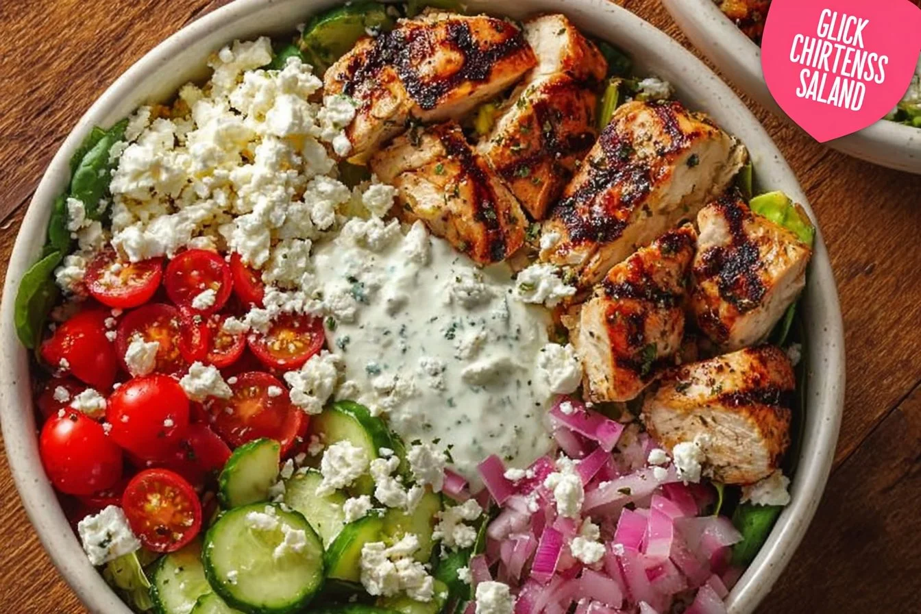 Delicious Greek Chicken Bowls with fresh vegetables and herbs.