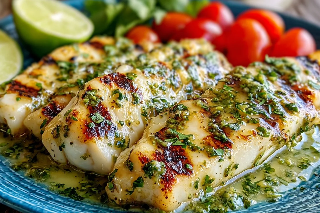 Grilled salsa verde chicken topped with melted pepper jack cheese on a plate.