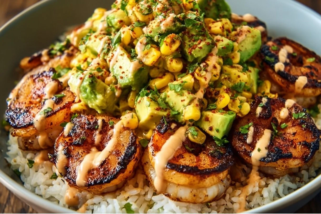 Delicious grilled shrimp bowl served with fresh vegetables and rice