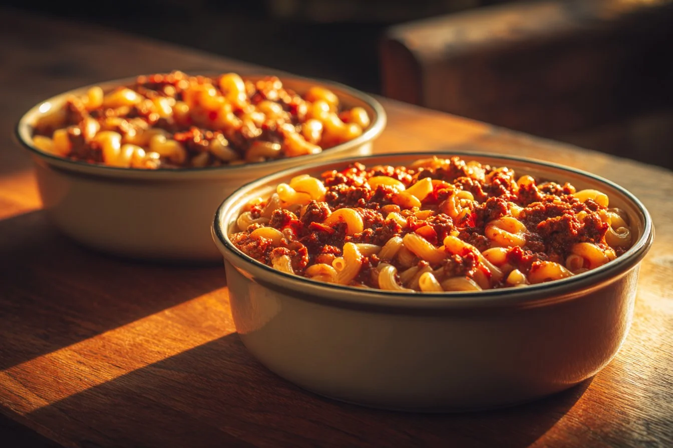 A bowl of savory Ground Beef Goulash with vegetables and pasta.