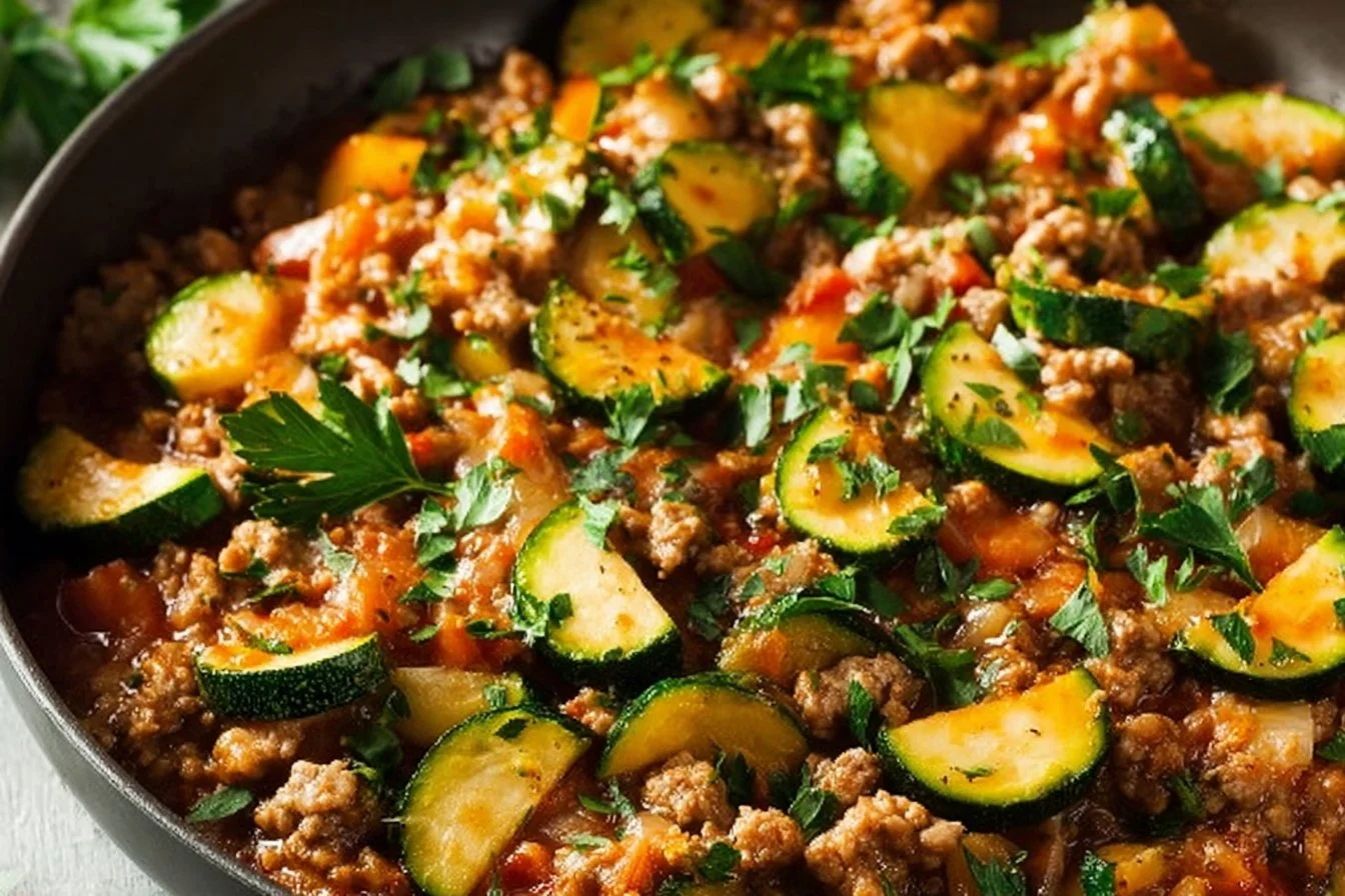 Ground Turkey and Zucchini Skillet dish served in a pan