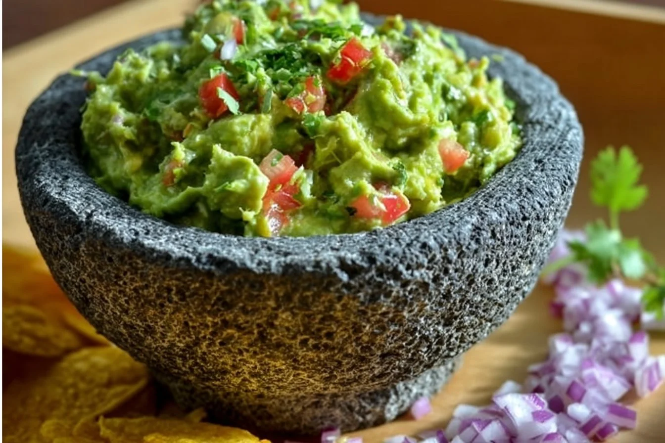 Delicious homemade guacamole served with tortilla chips