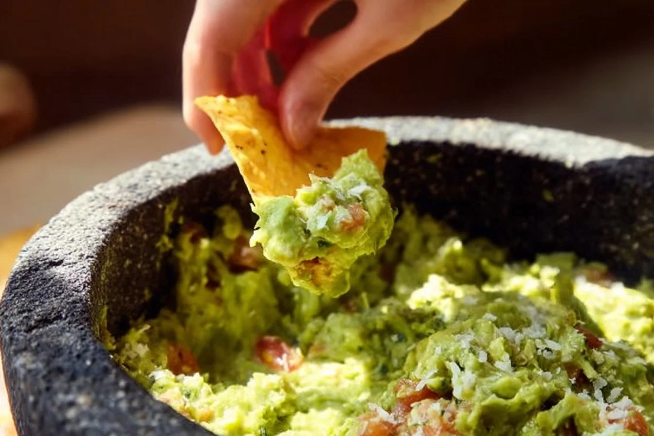 Fresh guacamole served with tortilla chips and garnished with cilantro