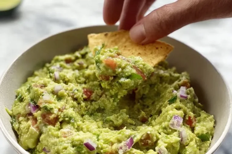 Bowl of fresh guacamole with avocado, tomatoes, and cilantro