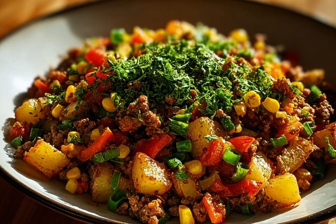 Delicious Hamburger Hash dish served in a skillet