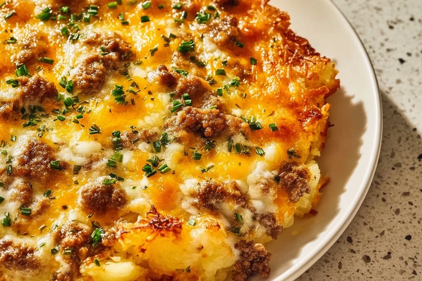 Delicious Hamburger Hashbrown Casserole topped with melted cheese